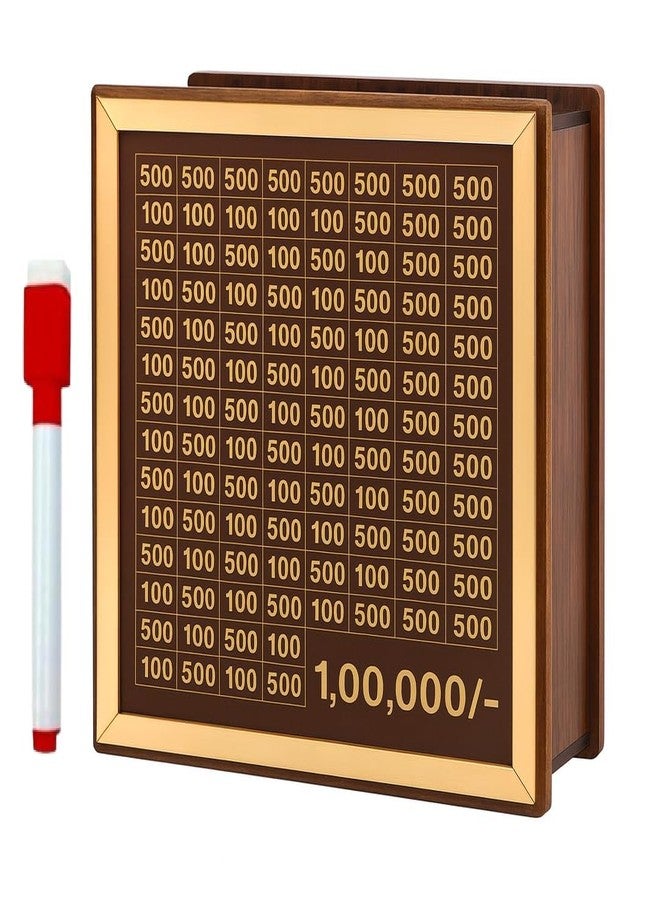 KANAKADHARA Money Saving Box for Adults & Kids | 1 Lakh Savings Challenge Wooden Piggy Bank with Denomination Grid | Cash Saving Box, Budget Organizer & Unique Gift Item (Golden Line) - Image 1